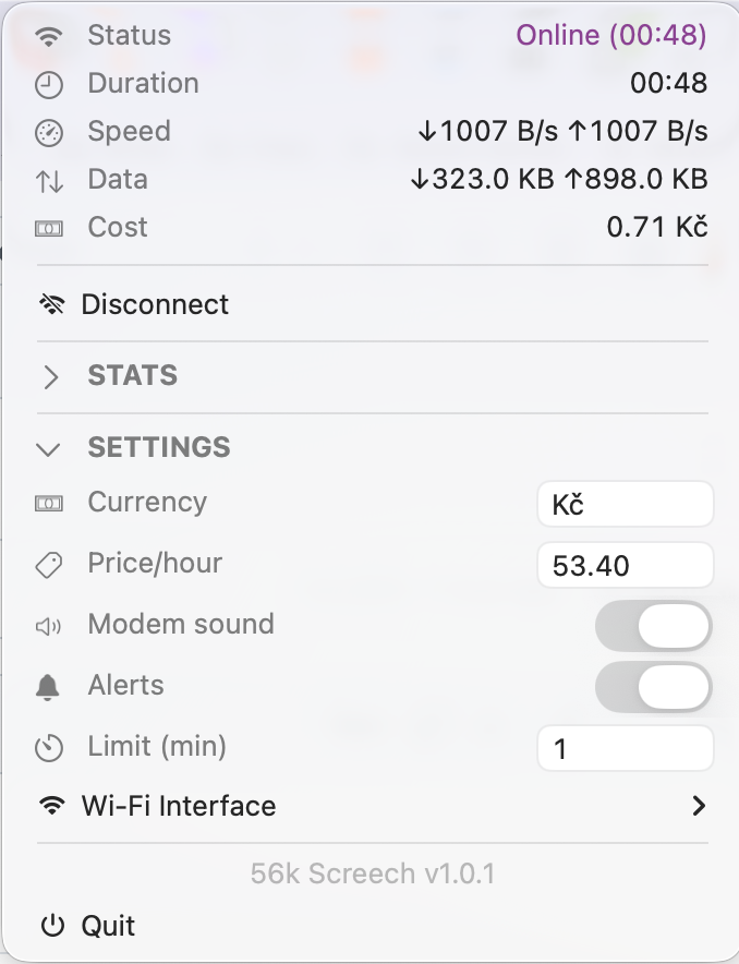 56k Screech Settings panel showing currency, price per hour, modem sound and alert toggles, alert limit, and Wi-Fi interface picker.