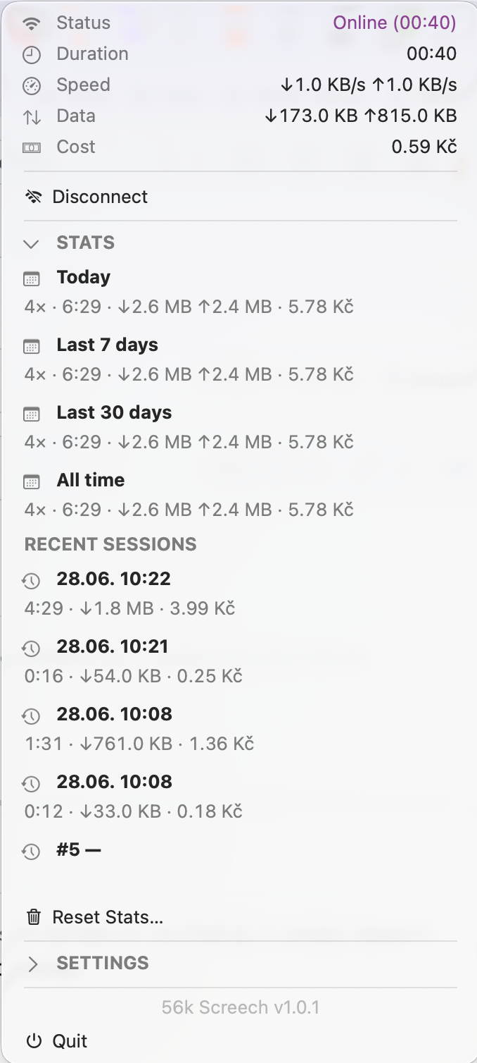 56k Screech Stats panel showing usage totals for today, 7 days, 30 days, all time, and a list of recent sessions.