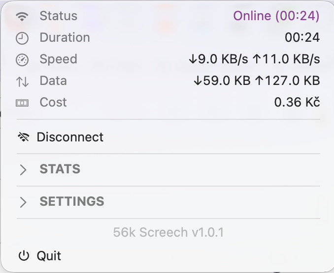 56k Screech menu bar dropdown showing an active connection: duration, speed, data transferred, and tracked session cost.